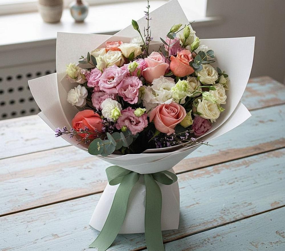 Букет цветов из: Розы, Лизиантусы и Гвоздики в Гришенки