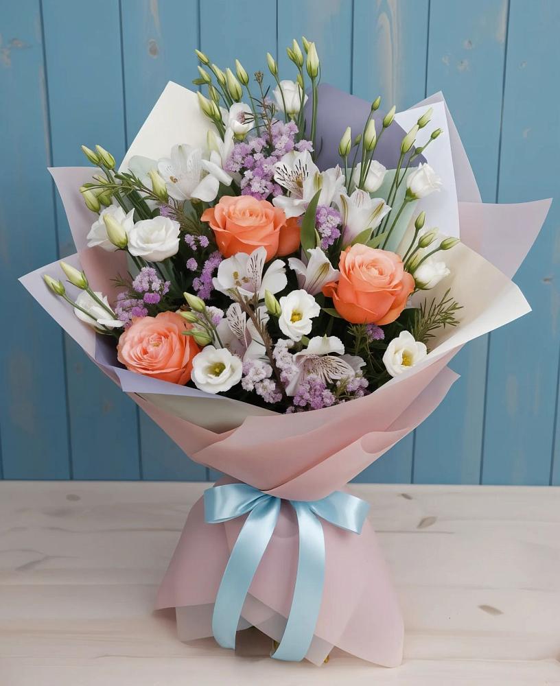 Букет цветов из: Лизиантусы, Розы, Альстромерии и Гипсофила в Гришенки