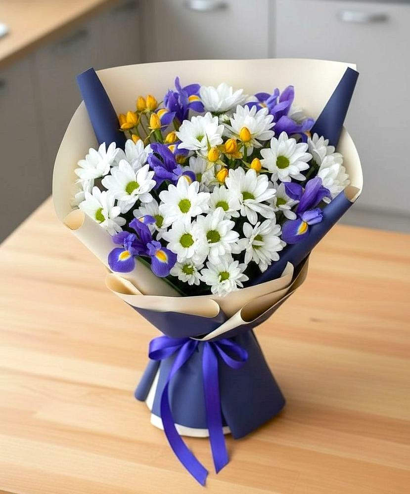 Букет цветов из: Розы, Ирисы и Хризантемы в Гришенки