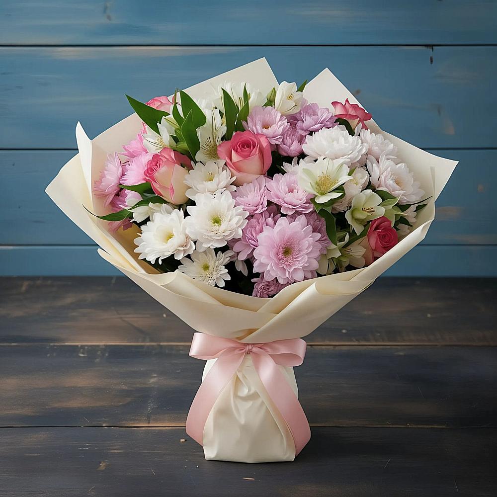 Букет цветов из: Хризантемы, Альстромерии и Розы в Гришенки